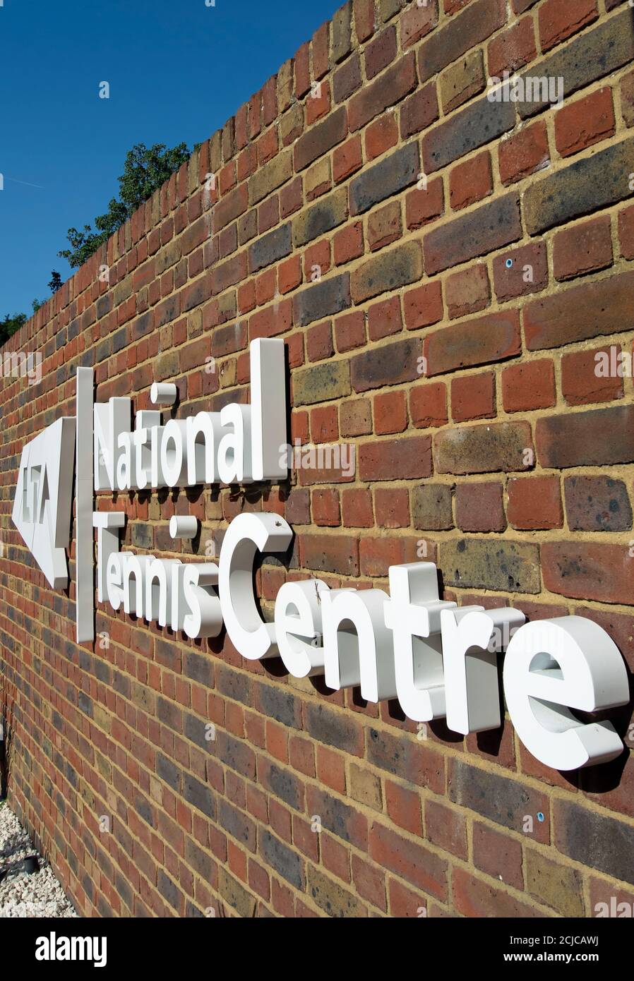 entrance signage at the national tennis centre, roehampton, london, england, run by the lawn tennis association Stock Photo
