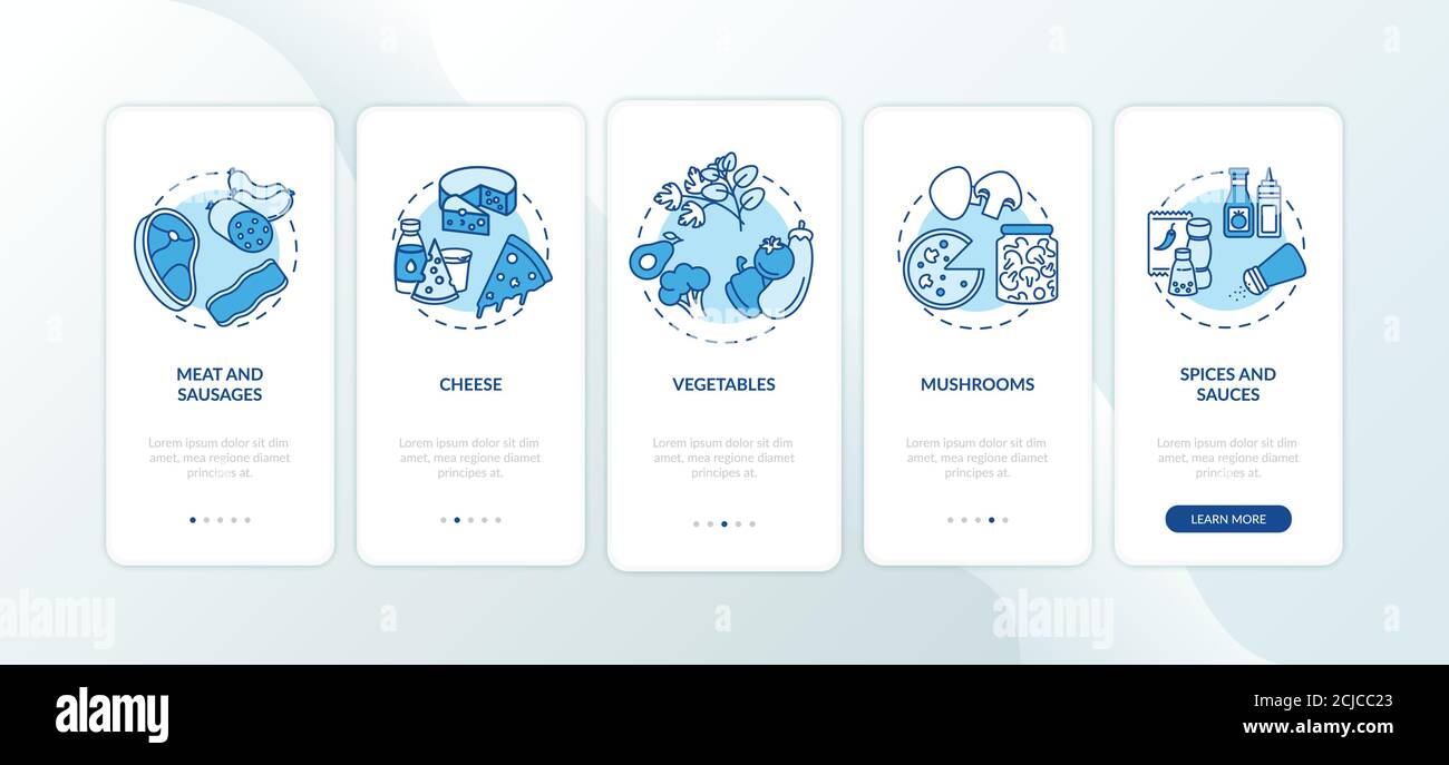 Pizza constructor onboarding mobile app page screen with concepts Stock Vector