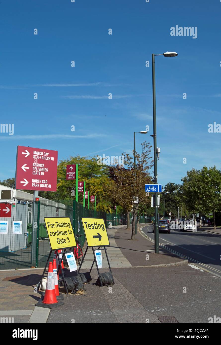 covid-19 testing centre signs at twickenham stadium, middlesex, england Stock Photo