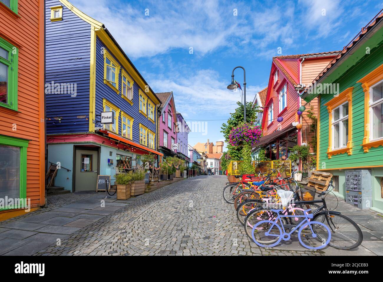 Stavanger, Norway - View of the old town streets, people and restaurants in Stavanger, Norway. Stavanger is one of most famous cruise t Stock Photo
