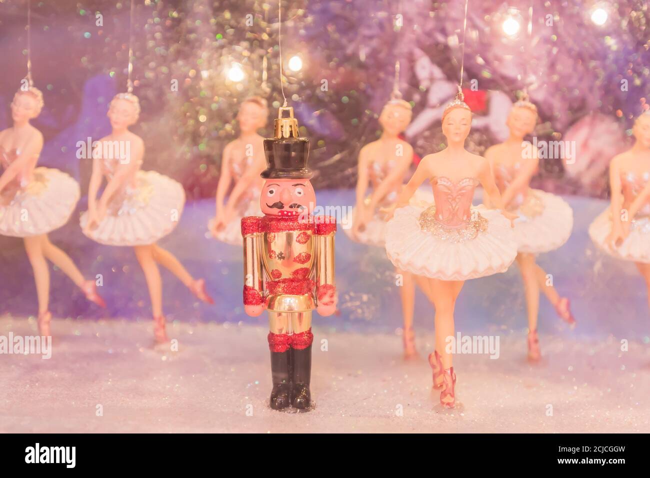 Christmas nutcracker toy soldier and balerina dolls on the stage