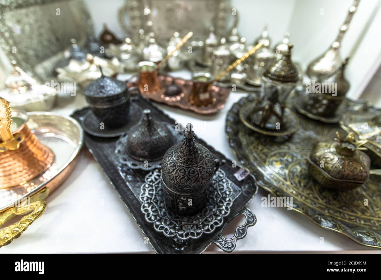 The Traditional Tatar tea tin utensils in Crimea Stock Photo