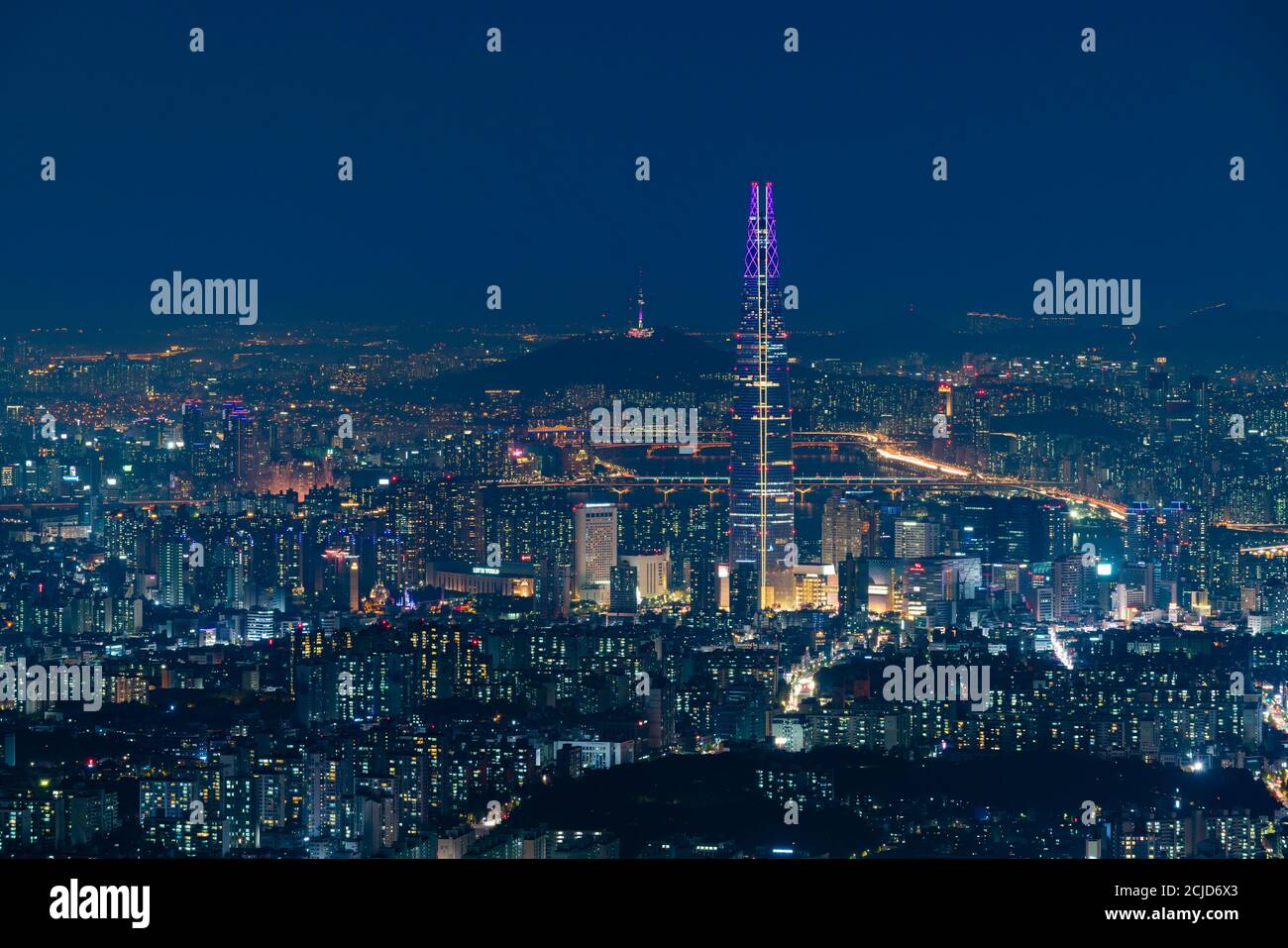 Lotte World Tower and Seoul city at night Stock Photo