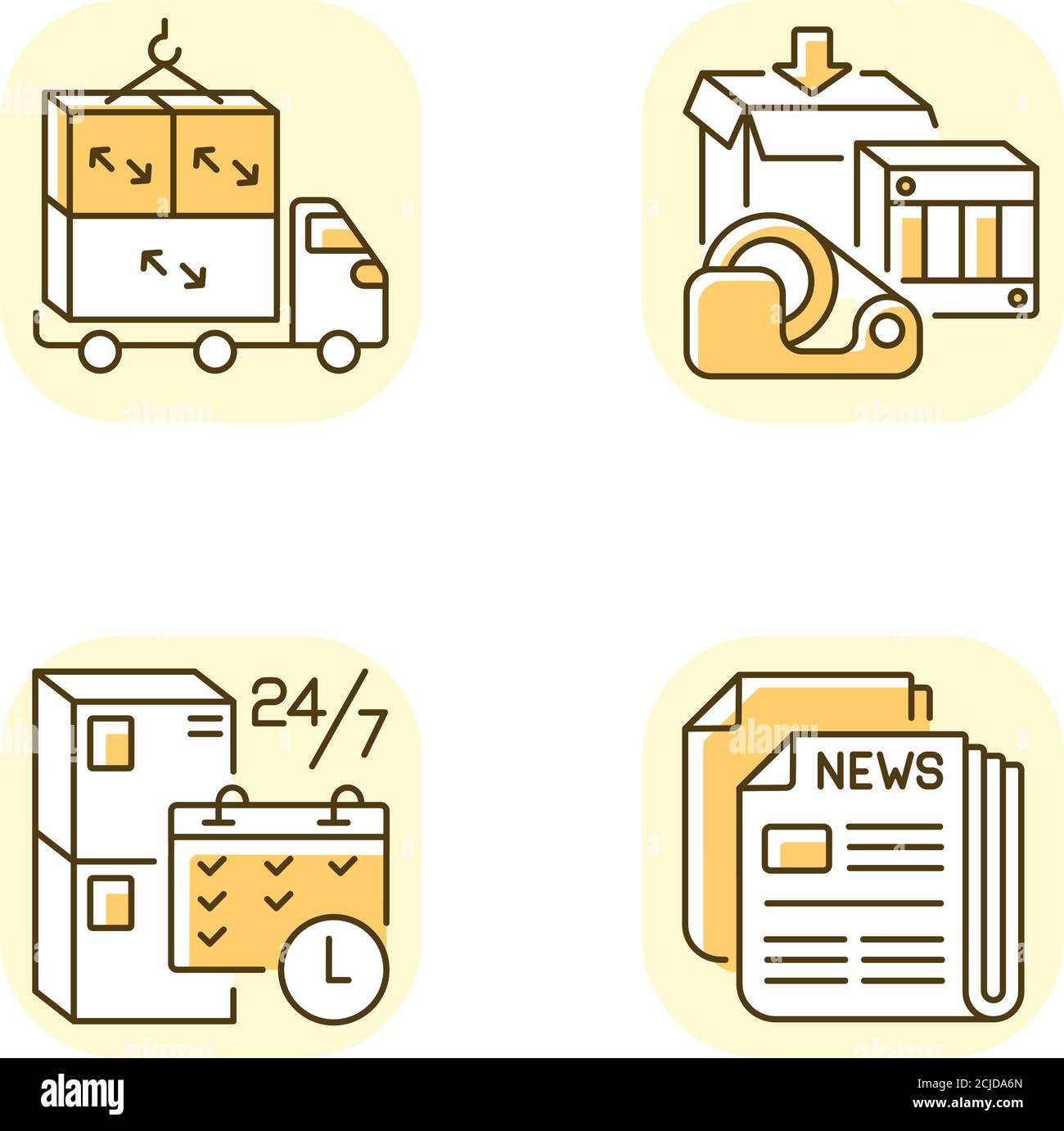 Freight transportation yellow RGB color icons set Stock Vector