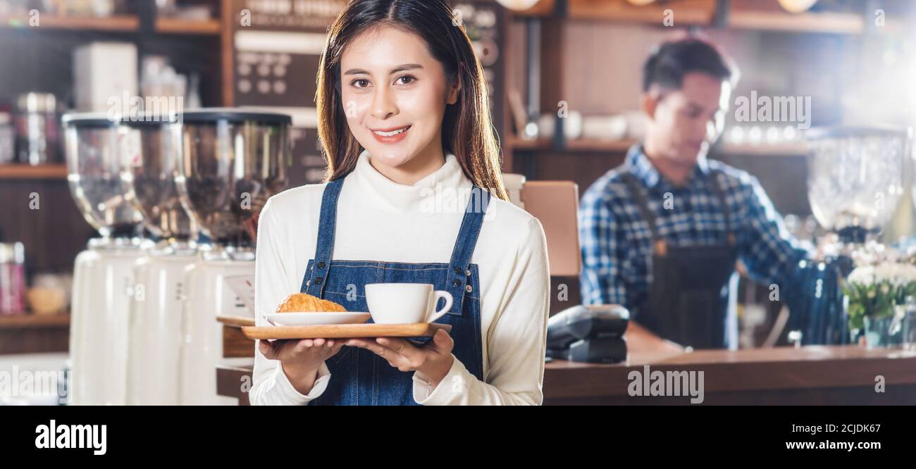 Banner of Asian Coffee shop owner serving bakery cake and coffee cup to  customer in coffee shop, Small business owner and startup in coffee shop  and r Stock Photo - Alamy