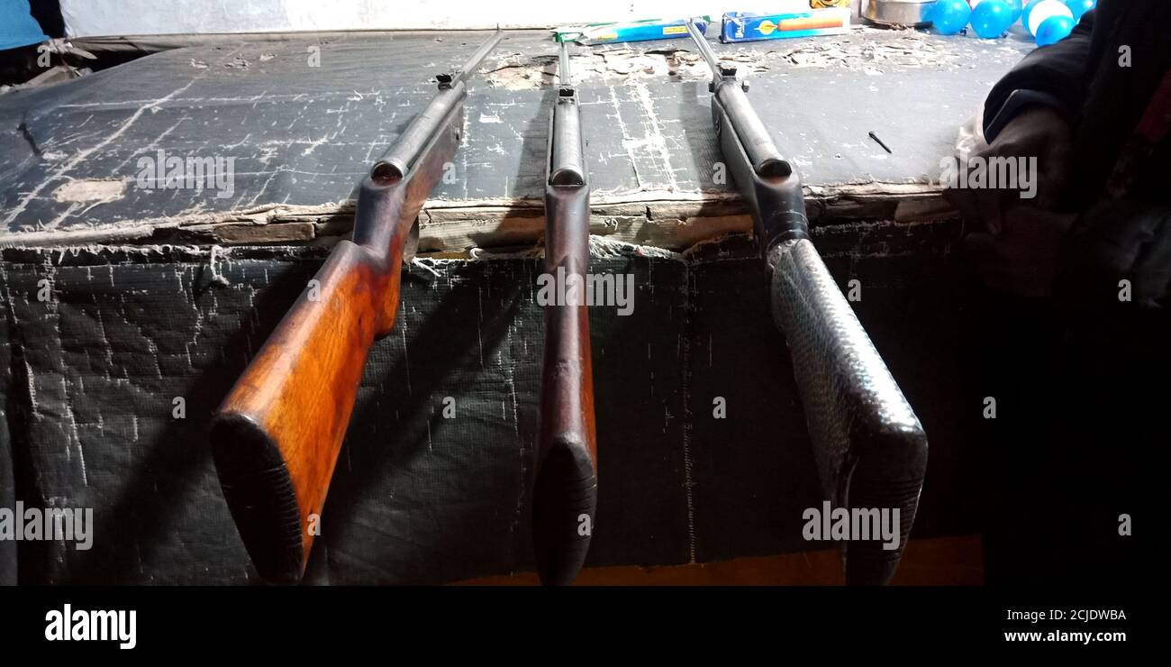 DISTRICT KATNI, INDIA - OCTOBER 17, 2019: Three Rifle guns kept at ...