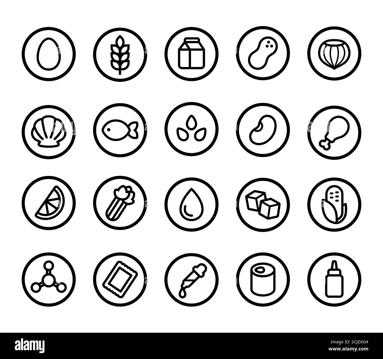 Set of allergy ingredient icons, common allergen warning. Gluten and nuts, eggs and dairy, artificial sweeteners and preservatives, and more. Simple l Stock Vector