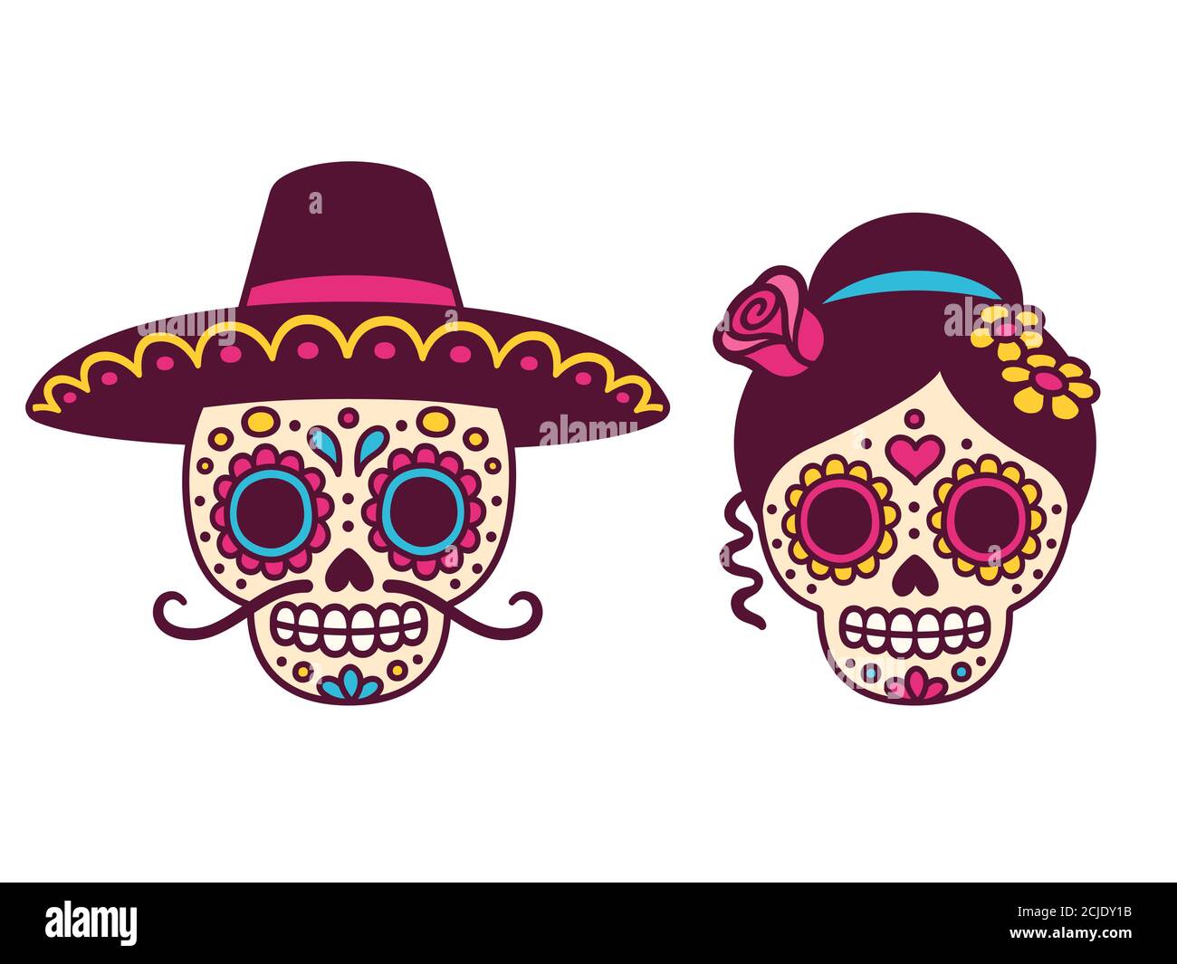 Cartoon Mexican sugar skulls couple for Dia de los Muertos (Day of the Dead). Male skull with mustache and sombrero hat and female with flowers. Cute Stock Vector