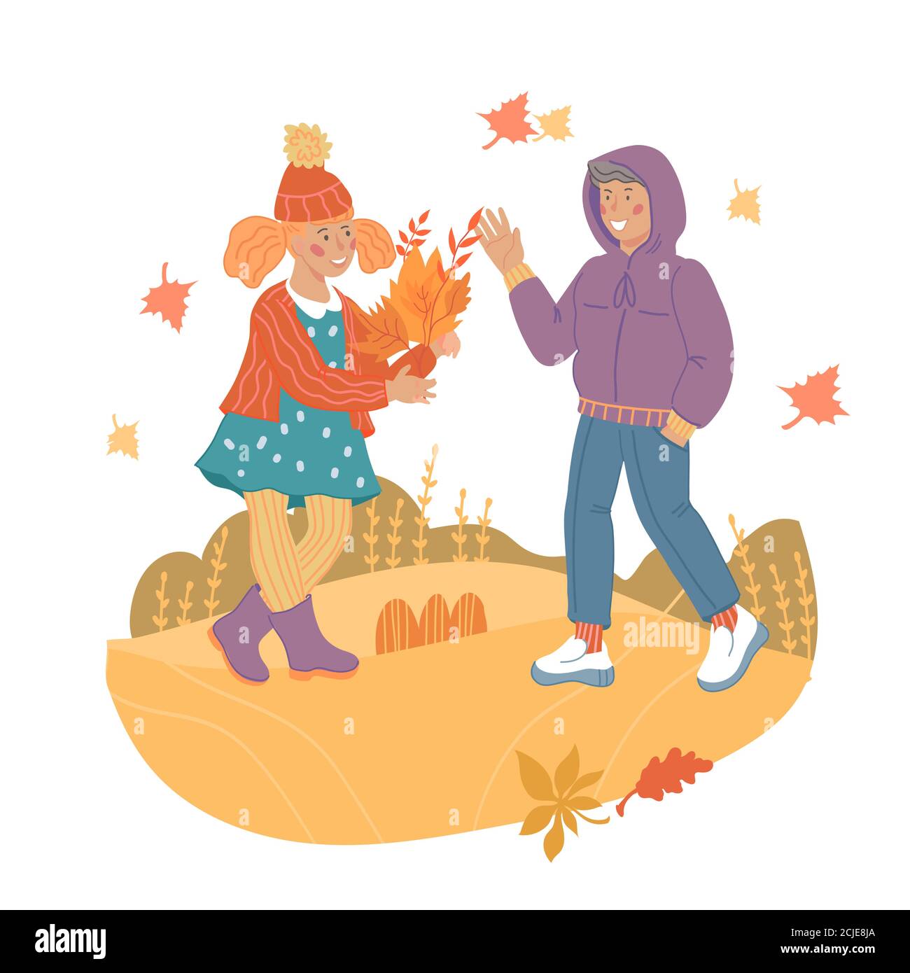 Children boy and girl in autumn clothes at walk, vector illustration