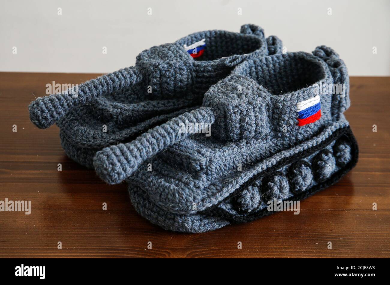 Tanks shaped slippers called "Tapki Tanki" (Tank-slippers) are seen in a  crafting shop in Saint Petersburg, Russia February 13, 2019. Picture taken  February 13, 2019. REUTERS/Anton Vaganov Stock Photo - Alamy