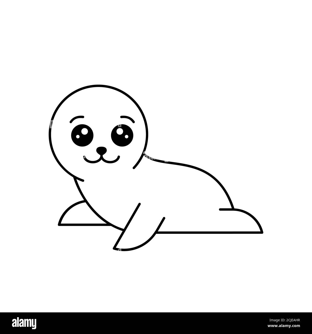 Cute white baby seal in kawaii style. Little smiling harp seal. Wildlife animals drawing. Funny seal with outline. Cartoon character animal. Vector Stock Vector