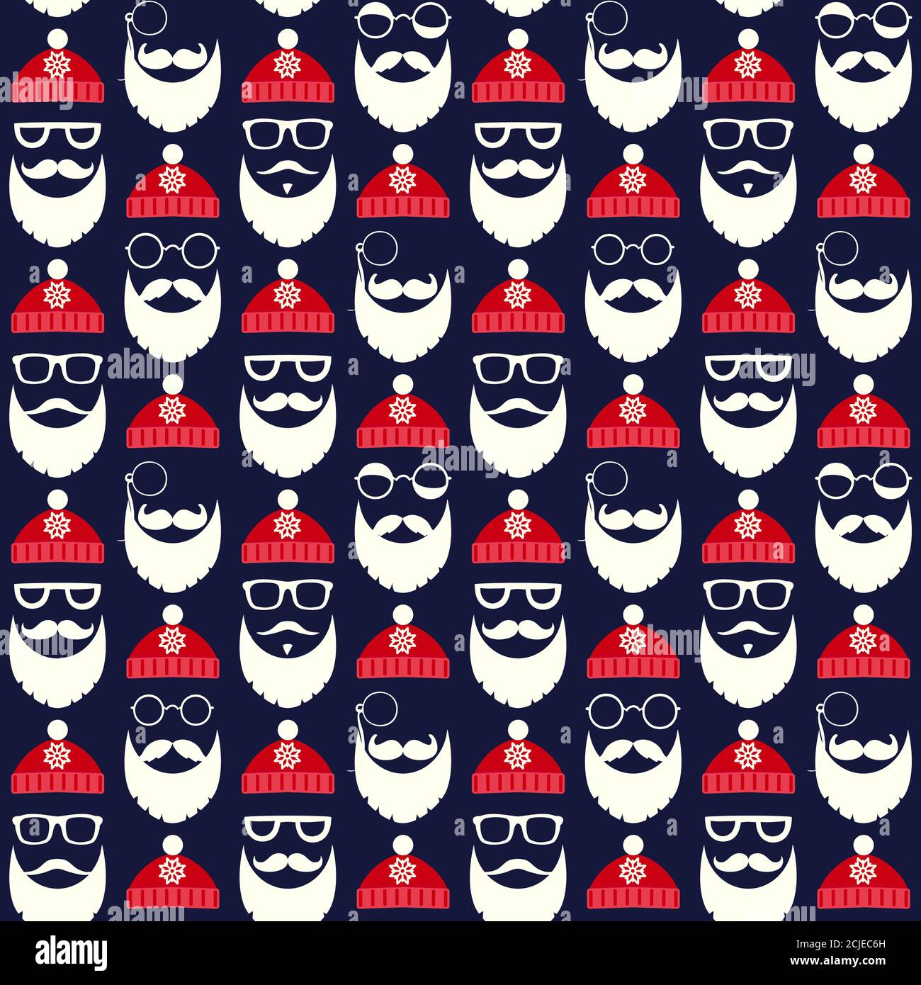 Seamless pattern of faces with Santa hats, mustache and beards. Various doodles Christmas Santa design elements. Holiday icons Stock Vector