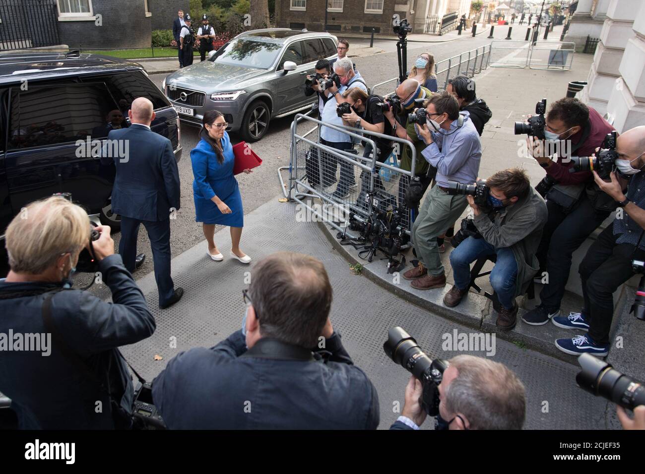 Home Secretary Priti Patel arrives in Downing Street, London, ahead of a Cabinet meeting at the Foreign and Commonwealth Office. Stock Photo