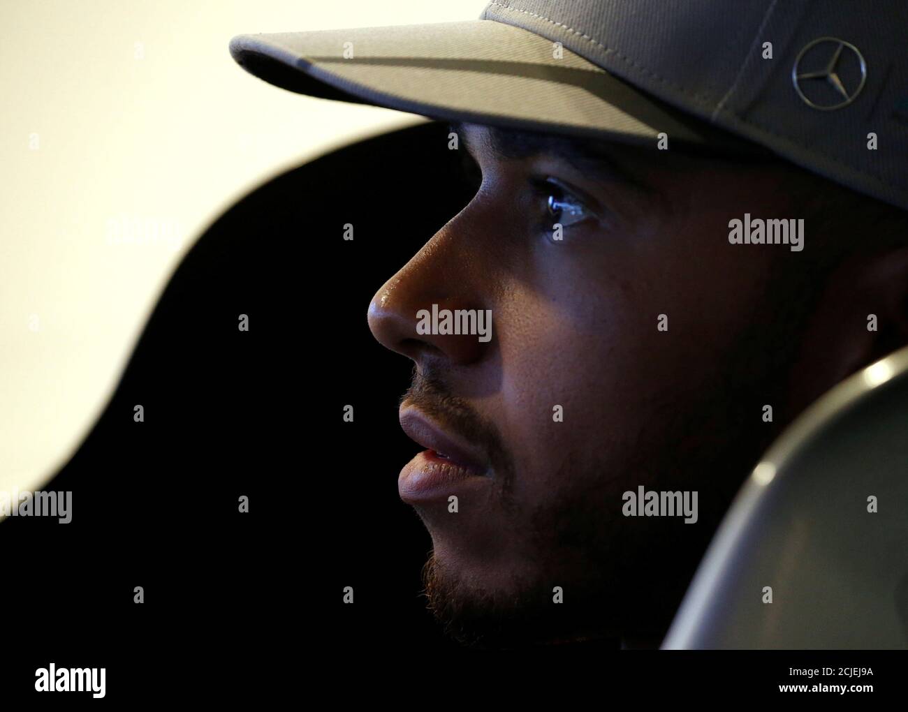 Mercedes' Lewis Hamilton of Britain sits in a driving simulator at a publicity event ahead of the Singapore F1 Grand Prix Night Race in Singapore September 14, 2016. REUTERS/Edgar Su TPX IMAGES OF THE DAY Stock Photo