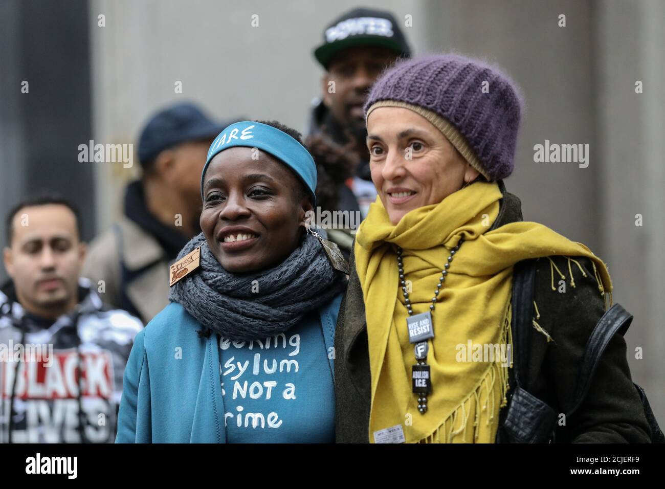 Therese Okoumou, Statue of Liberty climber, walks with an activist at the United States Courthouse in the Manhattan borough of New York City, New York, U.S., December 17, 2018. REUTERS/Jeenah Moon Stock Photo