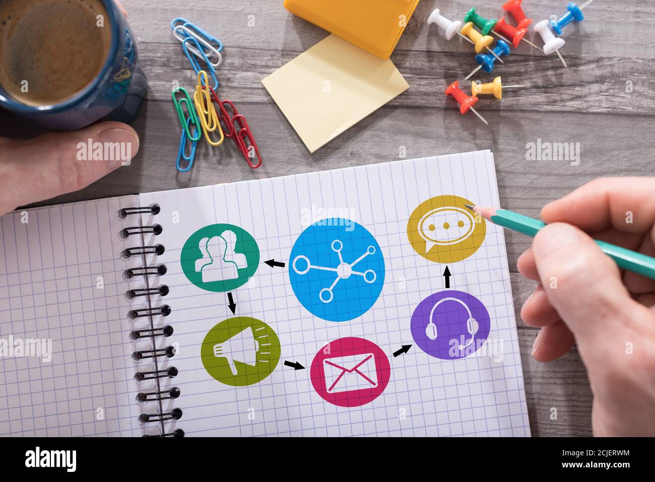 Network communication concept drawn on a notepad placed on a desk Stock ...