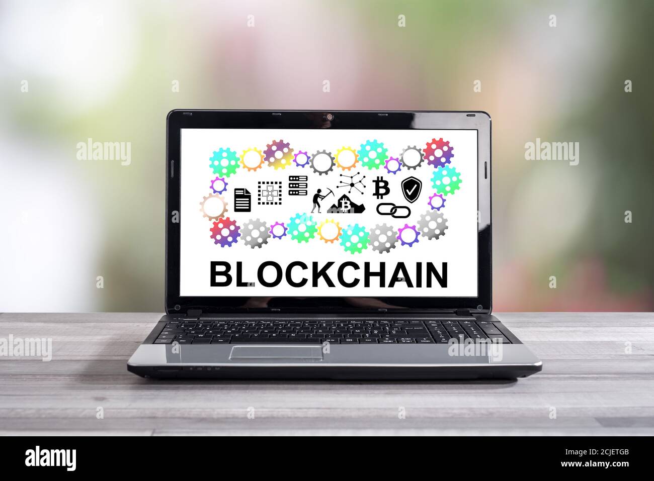 Blockchain concept shown on a laptop screen Stock Photo