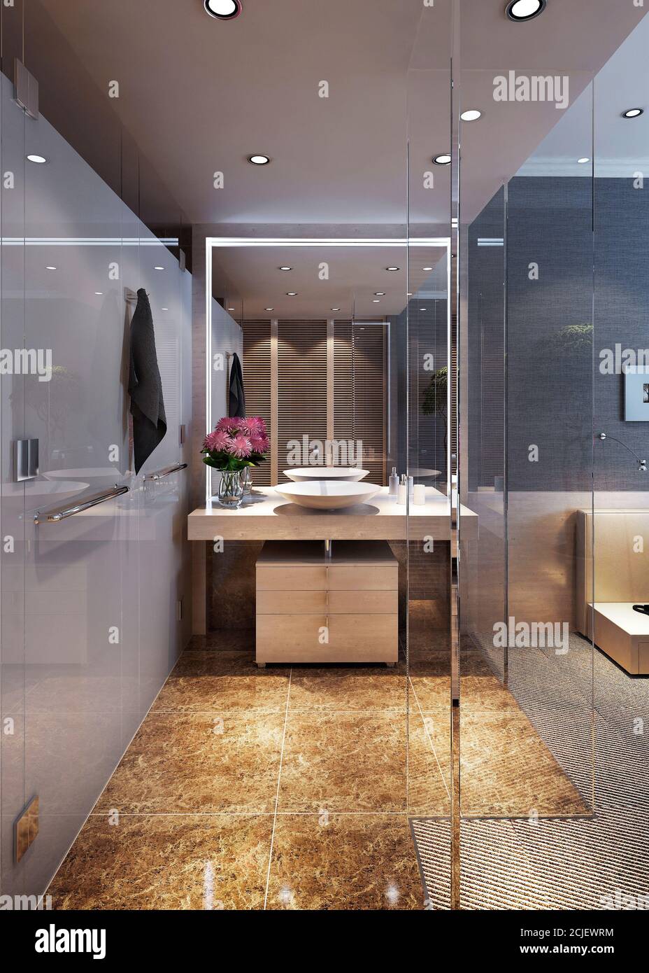 A bathroom behind a glass partition with a washbasin and a large mirror ...