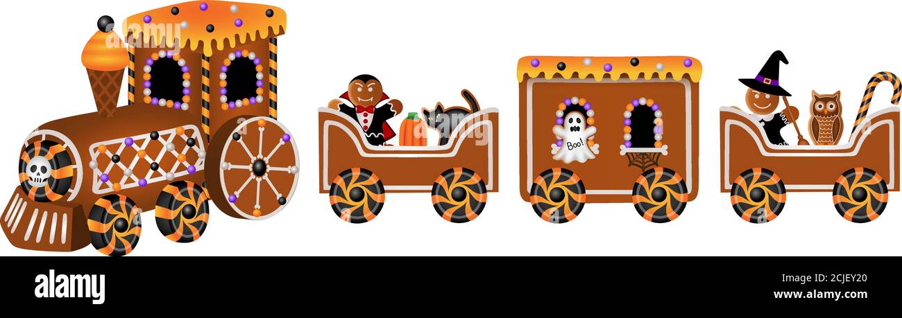 halloween gingerbread train with candies and cookies Stock Vector