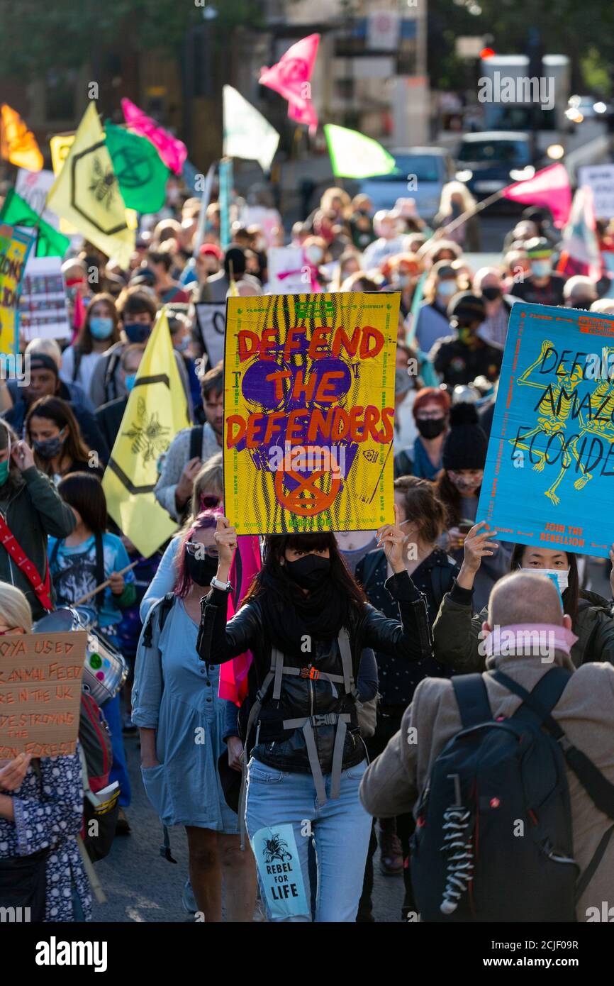 Protester holding placard during 'Rebels for Amazonia' Extinction Rebellion march on Indigenous Womens Day, London, 5 September 2020 Stock Photo