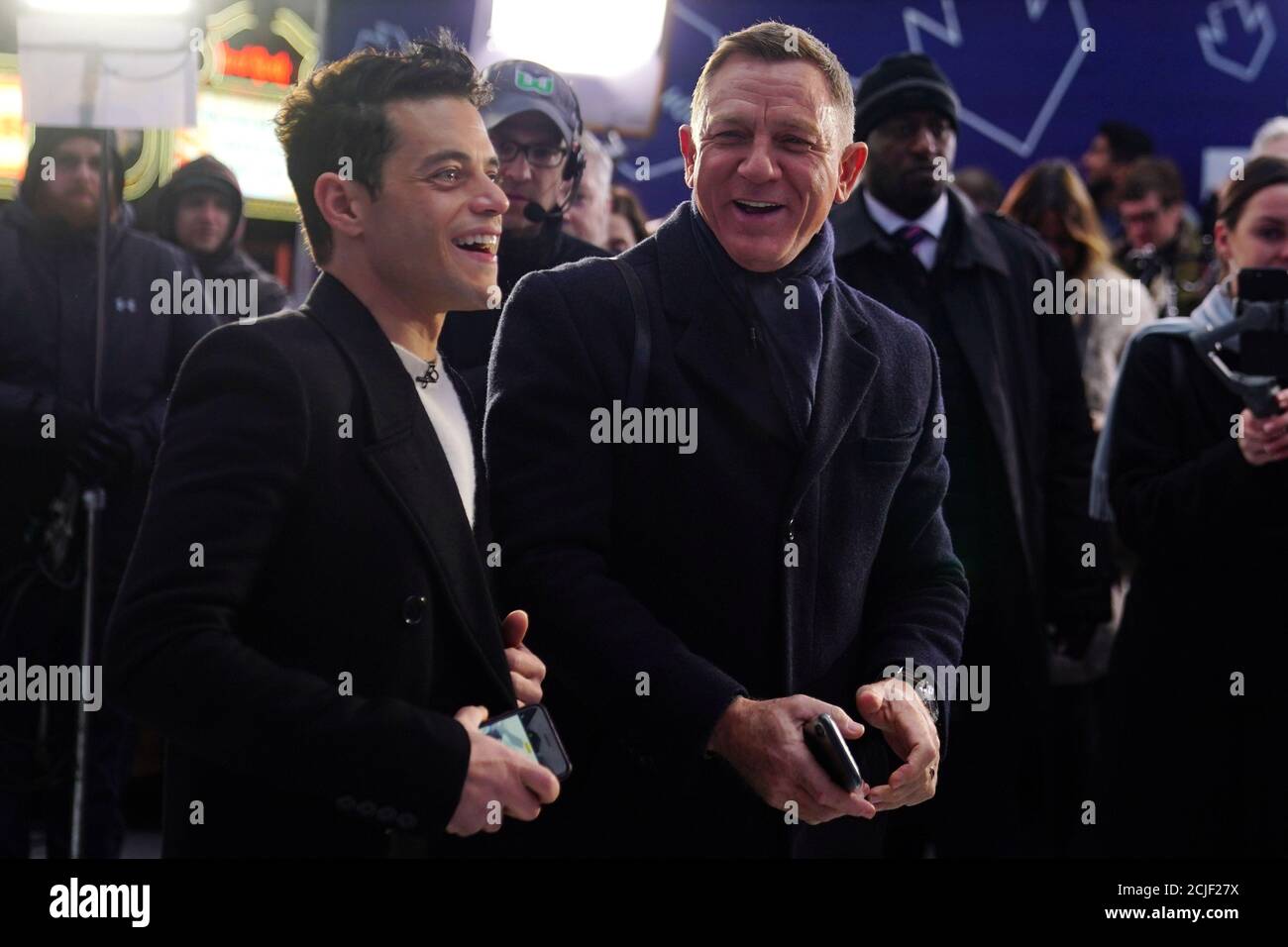 Actors Daniel Craig and Rami Malek talk during a promotional appearance on  TV in Times Square for the new James Bond movie "No Time to Die" in the  Manhattan borough of New