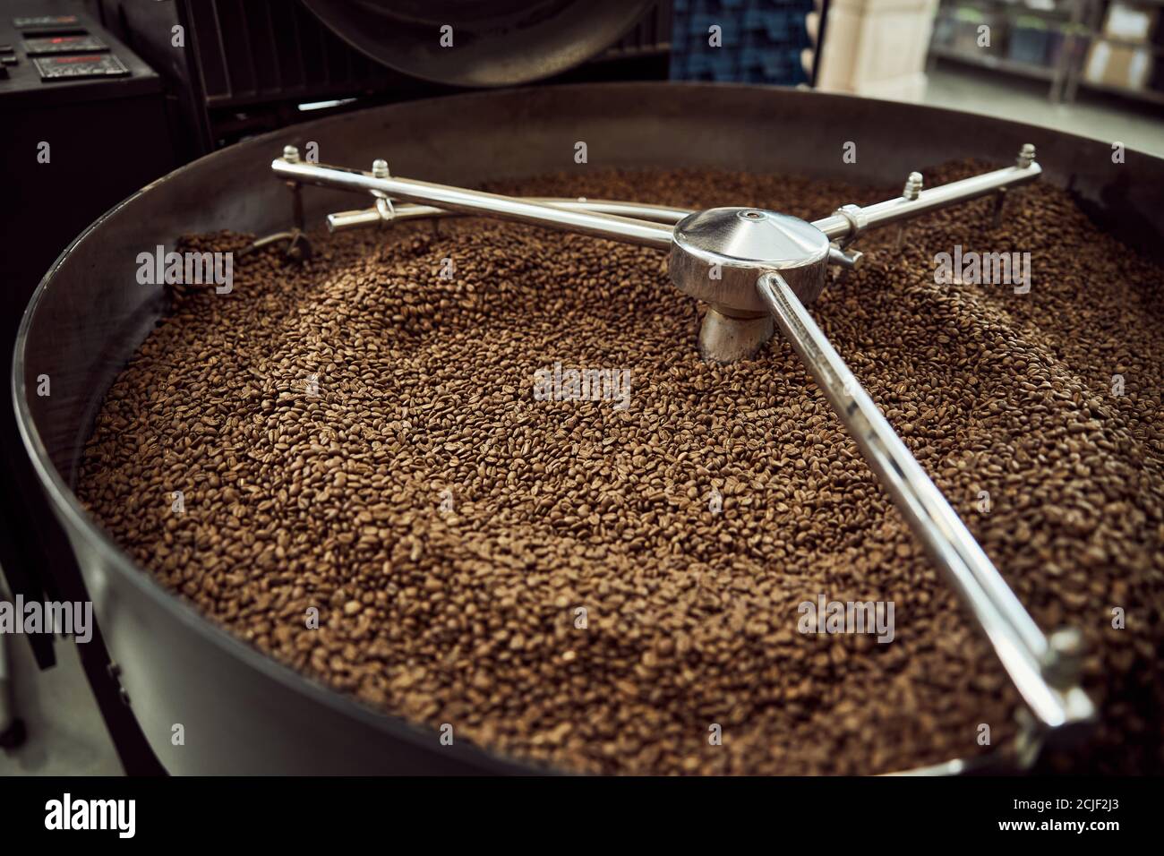 Cooling tray with freshly roasted coffee beans Stock Photo