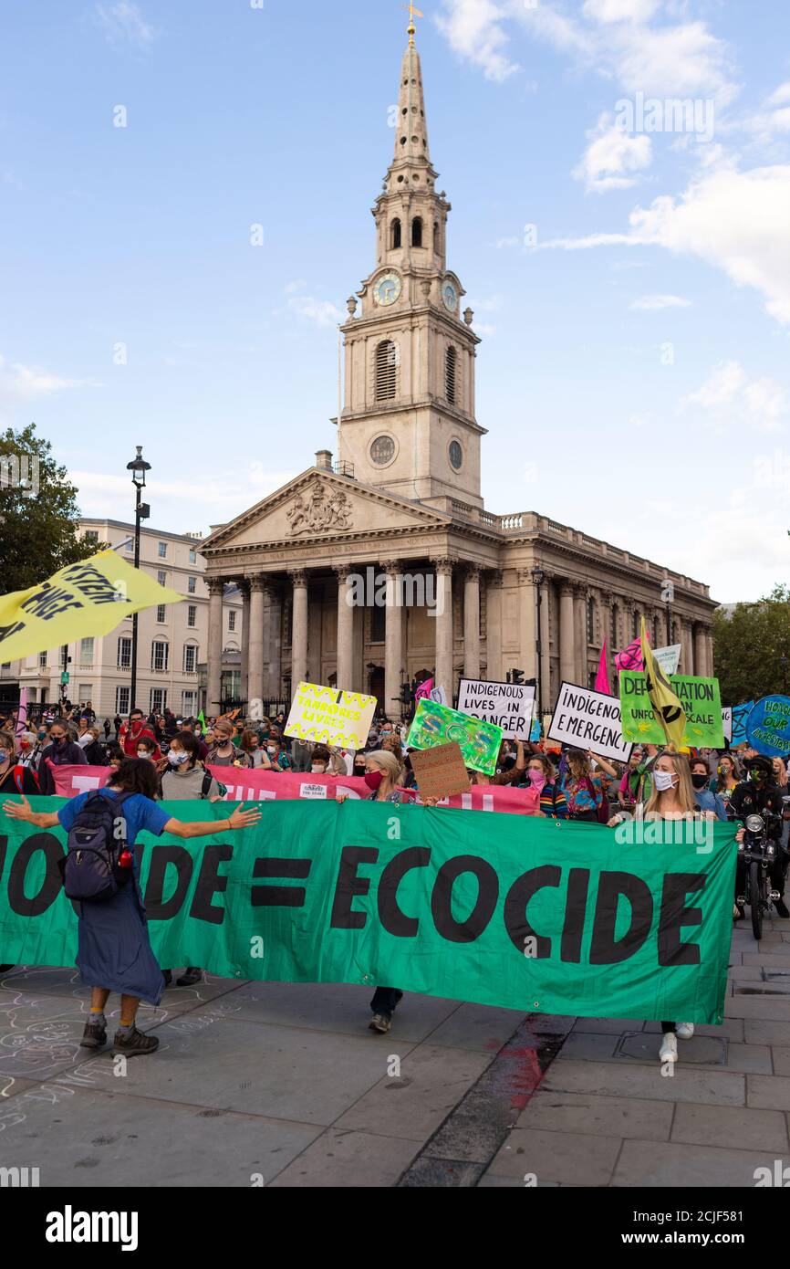 Crowd at 'Rebels for Amazonia' Extinction Rebellion march on Indigenous Womens Day, Trafalgar Square, London, 5 September 2020 Stock Photo