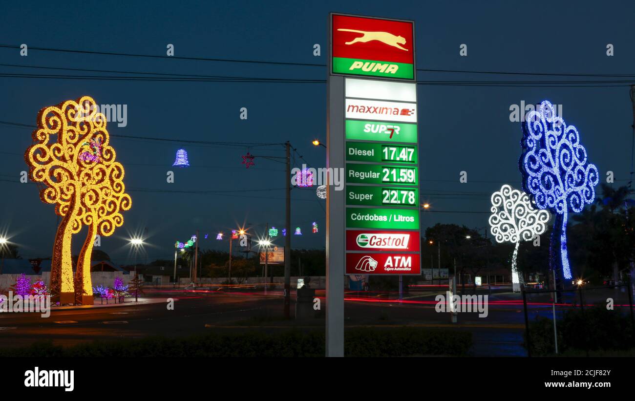 Fuel prices are seen at a Puma gas station on the Hugo Chavez roundabout in  Managua, Nicaragua February 5, 2016. A litre of fuel is priced at 21.59  cordobas ($0.78). A dramatic