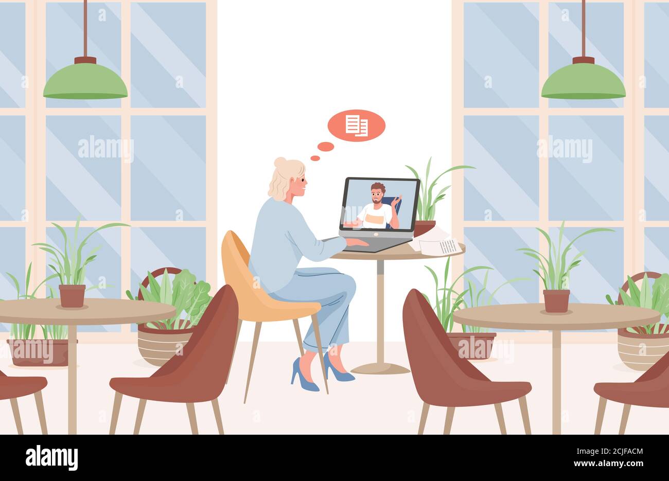 Young woman sitting in cafe or restaurant and speaking with man via videoconference vector flat illustration. Video call. Man and woman communicating, internet business conversation. Stock Vector