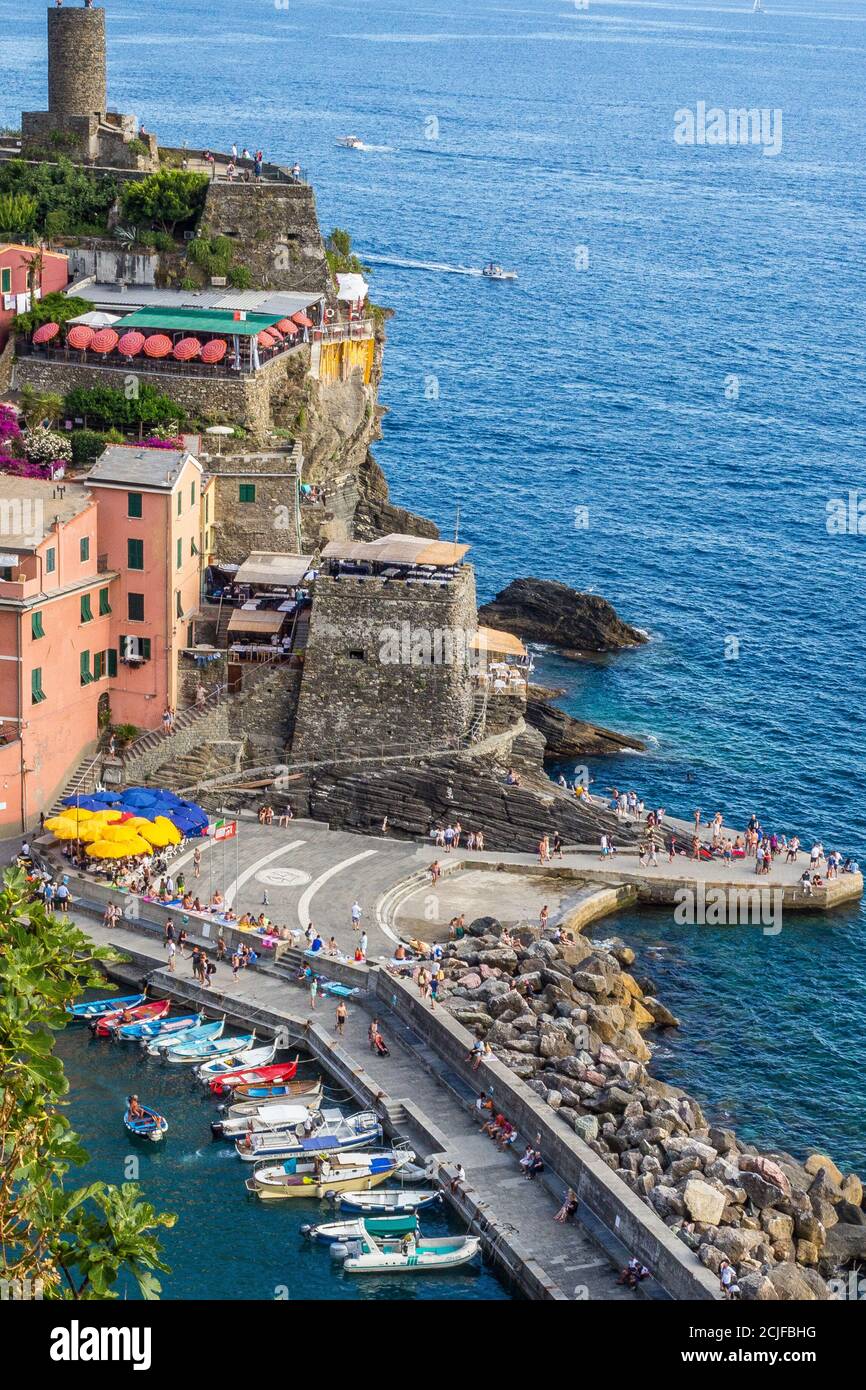 Vernazza, Italy July 8, 2017 View of Old Traditional Houses, Vernazza Port and Doria Castle