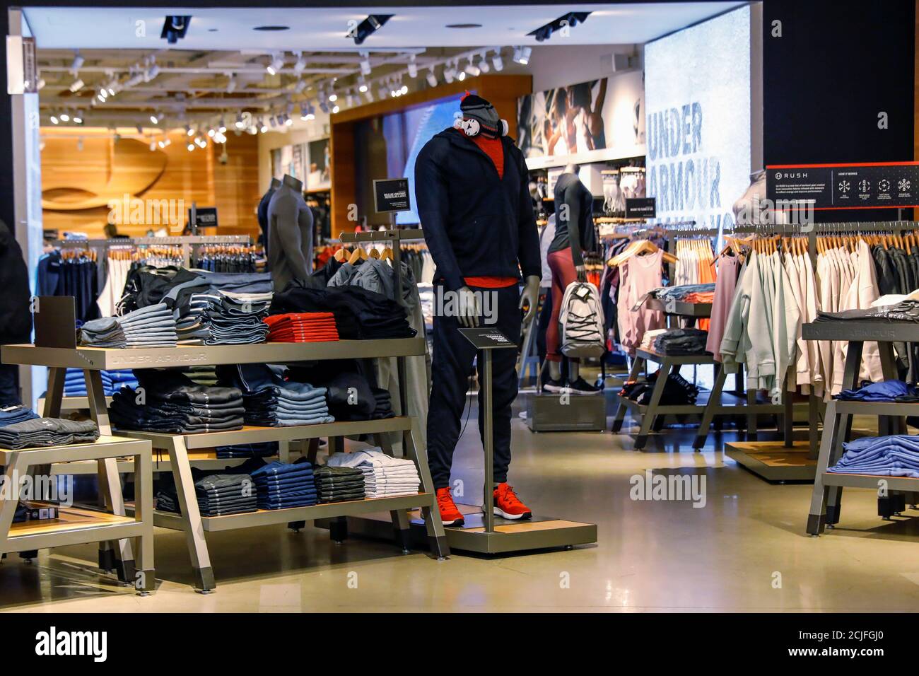 Products are displayed in an Under Armour store in New York City, U.S.,  November 4, 2019. REUTERS/Brendan McDermid Stock Photo - Alamy