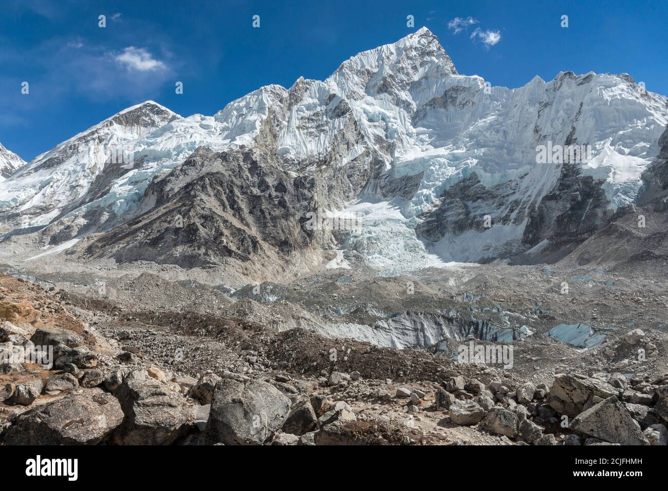 Looking up at Nuptse over the massive Khumbu glacier. Stock Photo