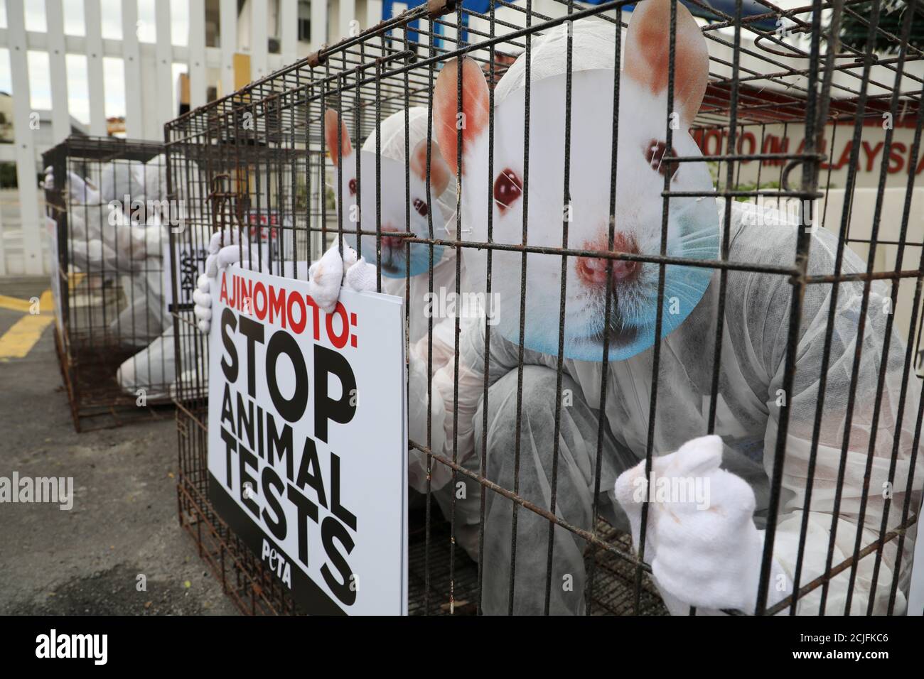 Activists from PETA (People for the Ethical Treatment of Animals), dressed as rats, protest inside a metal cage against what they say is Ajinomoto's use of animal testing outside the company's headquarters Activists from PETA (People for the Ethical Treatment of Animals), dressed as rats, protest inside a metal cage against what they say is Ajinomoto's use of animal testing outside the company's headquarters