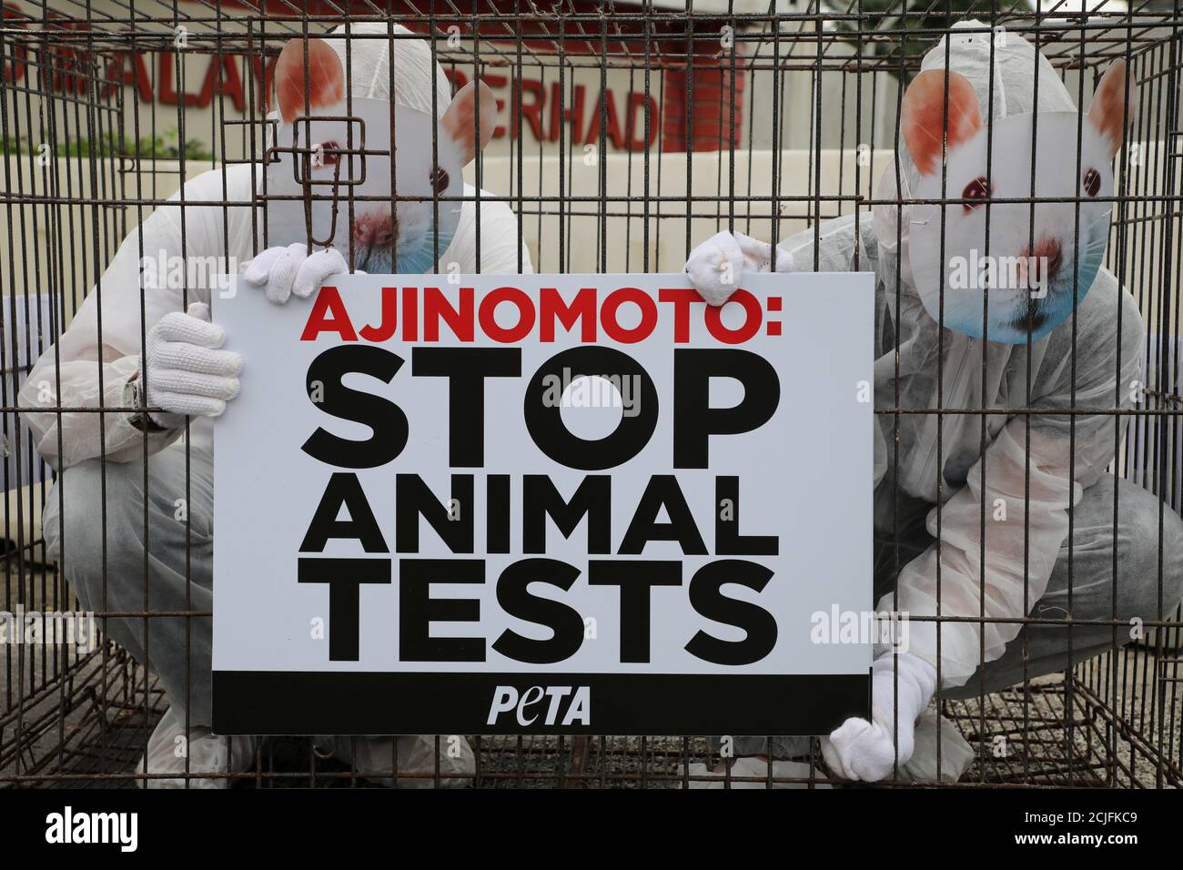 Activists from PETA (People for the Ethical Treatment of Animals), dressed as rats, protest inside a metal cage against what they say is Ajinomoto's use of animal testing outside the company's headquarters Activists from PETA (People for the Ethical Treatment of Animals), dressed as rats, protest inside a metal cage against what they say is Ajinomoto's use of animal testing outside the company's headquarters