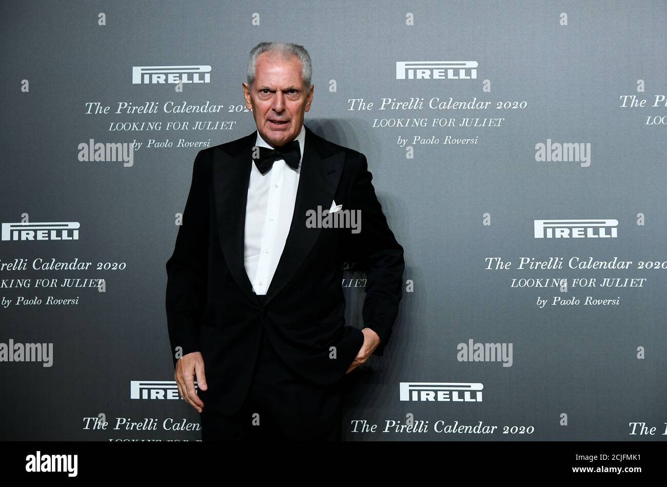 Chief Executive Officer of Pirelli Marco Tronchetti Provera poses as he  arrives at the launch of the "Looking for Juliet" 2020 Pirelli Calendar, in  the northern Italian city of Verona, Italy December