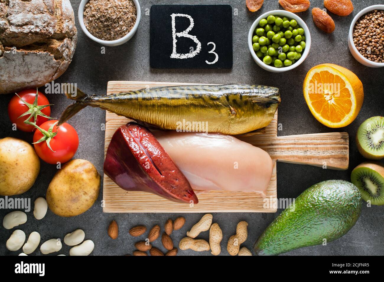 Foods high in Niacin (Vitamin B3). Natural sources of vitamin as liver, chicken breast, mackerel, wholemeal bread, wheat bran, buckwheat, potatoes, to Stock Photo