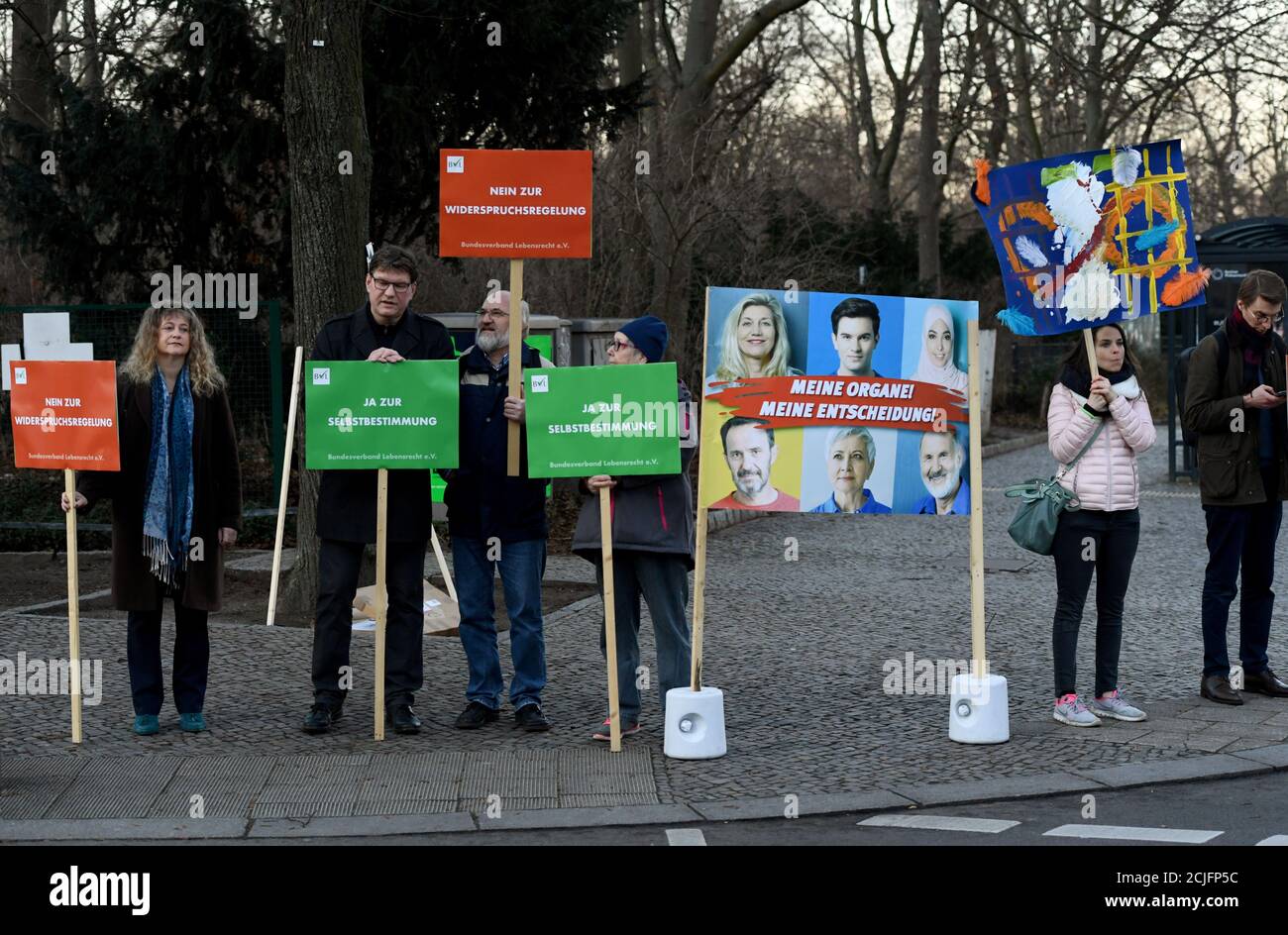 Members of the federal association Right to Life (Bundesverband Lebensrecht e.V.) gather for a protest against the bills to change the legal basis for organ claims in Berlin, Germany, January 16, 2020.  REUTERS/Annegret Hilse Stock Photo