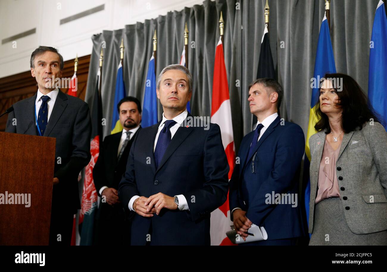 Canada's Minister of Foreign Affairs Francois-Philippe Champagne looks on during a news conference, standing next to Sweden's Foreign Minister Ann Linde, Ukraine's Foreign Minister Vadym Prystaiko, Afghanistan's acting Foreign Minister Idrees Zaman and British MP Andrew Murrison, after a meeting of the International Coordination and Response Group for the families of the victims of the Ukraine International flight which crashed in Iran, at the High Commission of Canada in London, Britain January 16, 2020.     REUTERS/Henry Nicholls Stock Photo