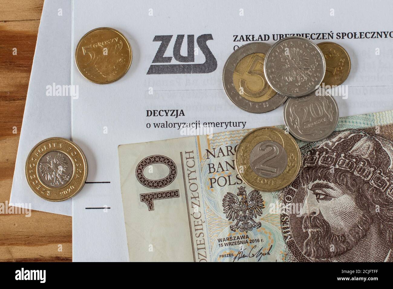 GDANSK, POLAND - 01.09.2020. Correspondence with ZUS (polish Social Insurance Institution) and polish money. Stock Photo