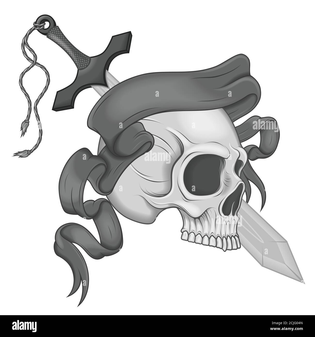 Vector design skull in profile with sword and ribbon, all on white background. Stock Vector