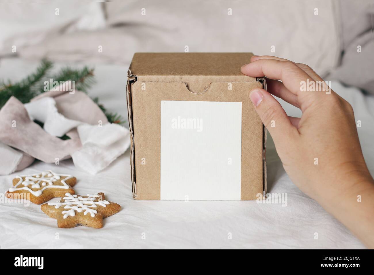 Christmas gift box label mockup scene. Closeup of womans hand holding gift box. Velvet ribbons, gingerbread cookies and spruce tree branches on linen Stock Photo