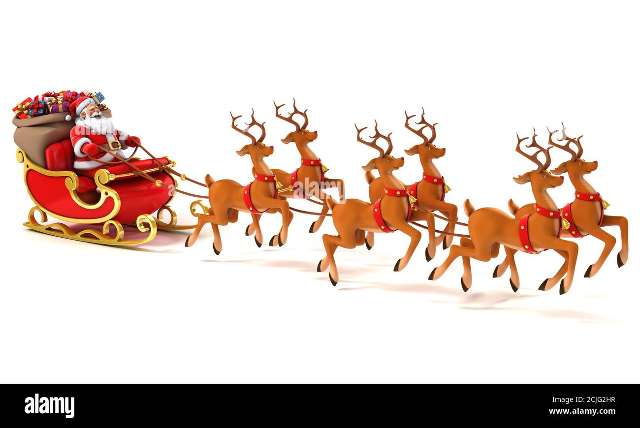 Santa Claus with sledge deers and Christmas presents Stock Photo