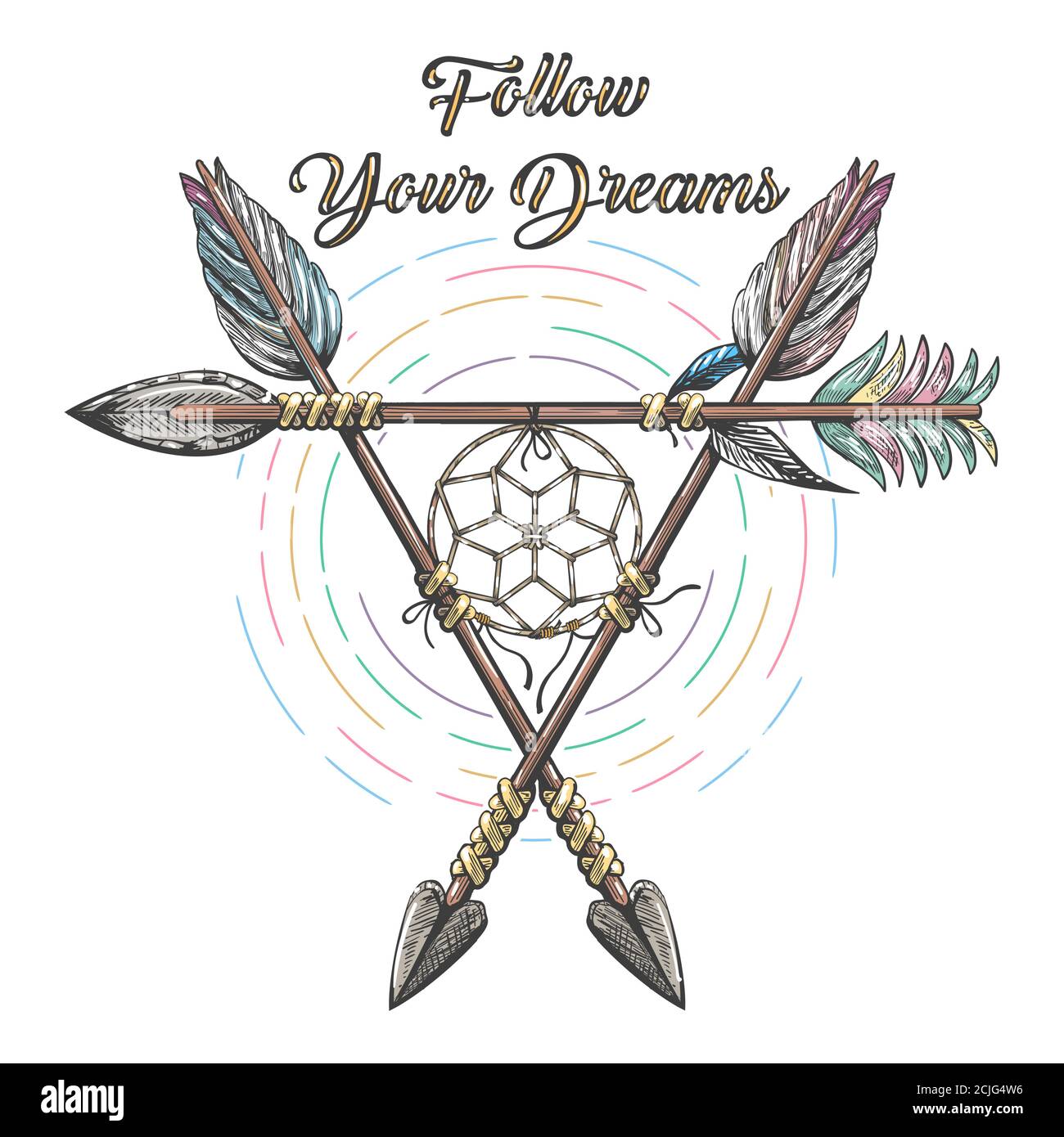 Hand drawn tribal label with arrows, dream catcher and Follow your dreams lettering. Vector illustration Stock Vector