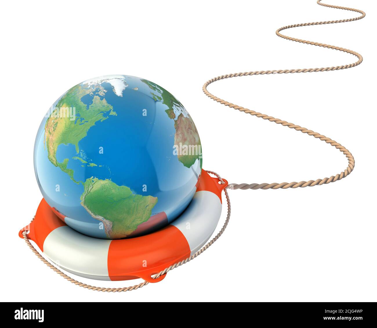 save the earth 3d concept - globe with lifebuoy isolated Stock Photo