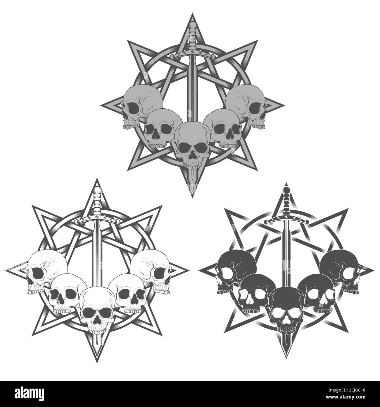 Illustration of skulls with sword and 8-pointed star in the background, traditional art, grayscale Stock Vector