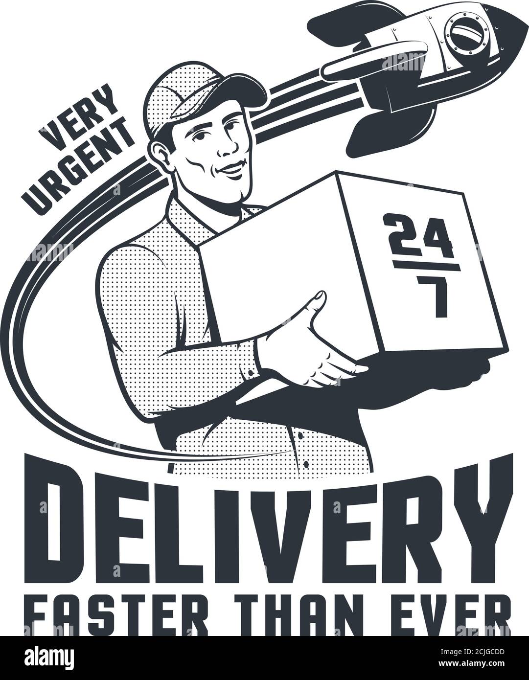 Delivery man courier retro logo with rocket Stock Vector