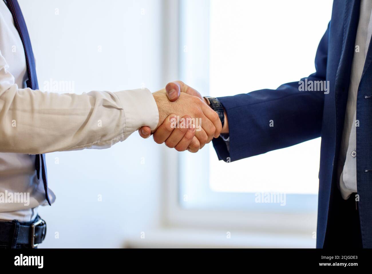 Handshake of two businessmen, close-up photo. Stock Photo