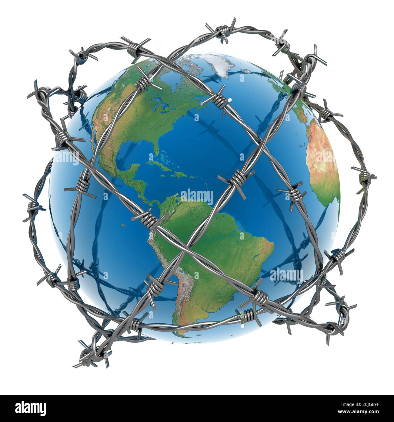 3d earth surrounded by barbed wire over white background Stock Photo