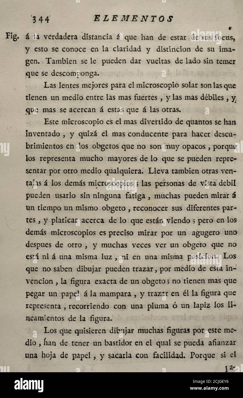 'Elementos de Matematica' (Elements of Mathematics), by the Spanish architect and mathematician of The Enlightenment Benito Bails (1730-1797). Page of Volume VI, which is about elements of optics. Published in Madrid, 1781. Stock Photo