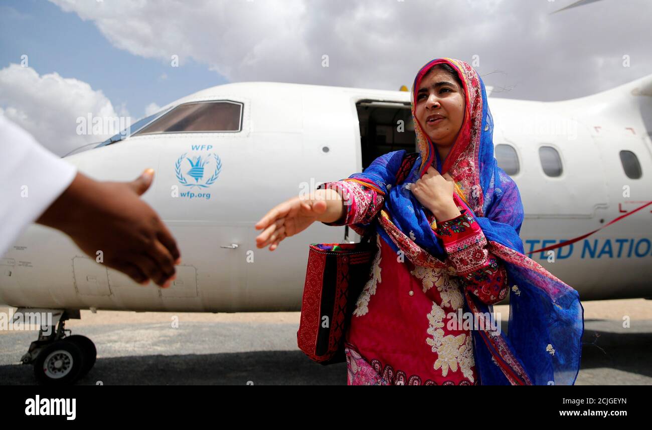 Pakistani Nobel Peace Prize laureate Malala Yousafzai arrives to celebrate her 19th birthday at the Dadaab refugee camp near the Kenya-Somalia border, July 12, 2016. REUTERS/Thomas Mukoya     TPX IMAGES OF THE DAY Stock Photo